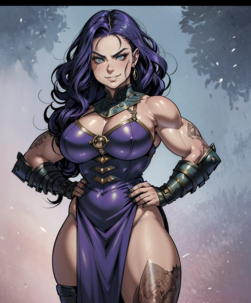 (((Single character image.))) (((1girl))) (((Luxurious hair and sexy smirk.))) (((18 years old.))) (((18yo.))) (((Cute smirk.)))  Wicked smirk. Looks like a powerful female character for Dungeons & Dragons.  Looks like a fierce female medieval fantasy gladiator.  Detailed expression.  Lots of personality.  Looks very imposing and sinister.  Looks like a powerful, muscular female gladiator for Dungeons & Dragons.  Looks fierce, dangerous and deadly.   Looks very dominant.  Dressed in traditional medieval fantasy attire.  A single character portrait, fantasy art, fantasy attire, attractive,  muscular, powerful body, detailed muscles, youthful, woman in her early 20’s, (((intense, serious stare))),  female warrior, powerful, dangerous, (((intense stare))),  revealing armor, gorgeous face, Dungeons & Dragons character portrait, intricate details, ultra detailed, ultra detailed clothes,  epic masterpiece, ultra detailed, intricate details, award winning, fantasy art concept masterpiece, trending on Artstation, digital art, unreal engine, 8k, ultra HD, centered image
