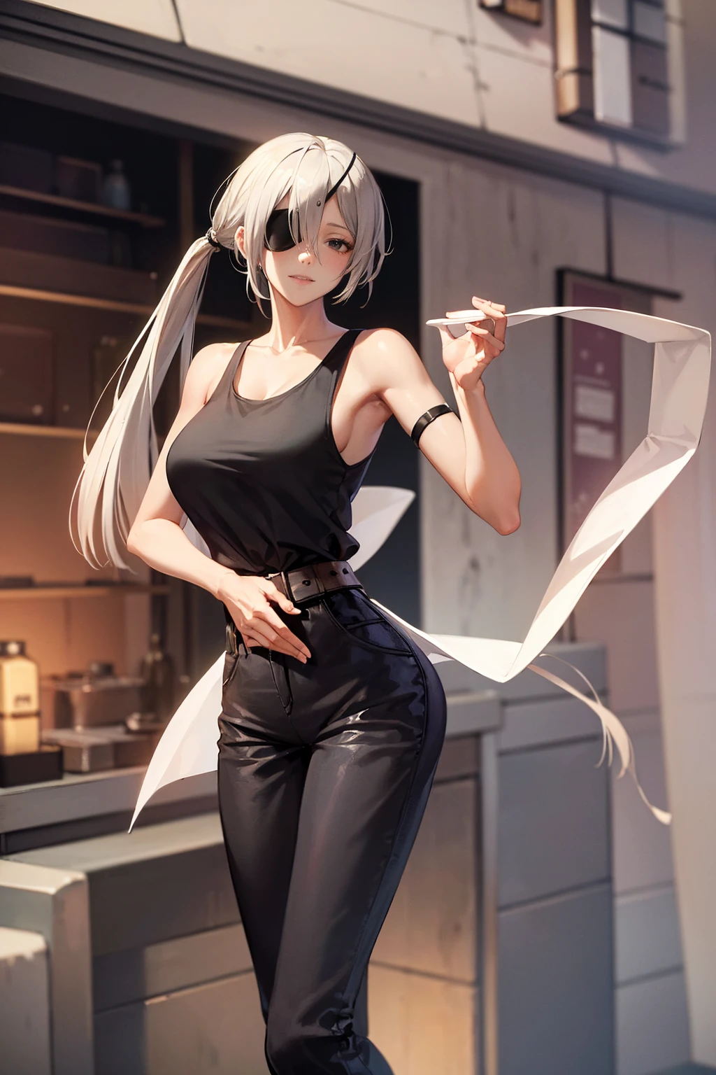 (masterpiece, Best quality:1.2), One, 1 girl, Quanxi, full body, long legs, tall girl, long torso, broad shoulders, large breasts, small waist, wide hips, sexy girl, seductive look, sexy face, closed mouth, Looking at the viewer, ponytail, eyepatch, black tank top, black trousers 