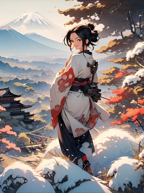 Battle angel alita, smiling, sun at sunrise on mount fuji behind her, drawn in katsushika hokusai style, First sight