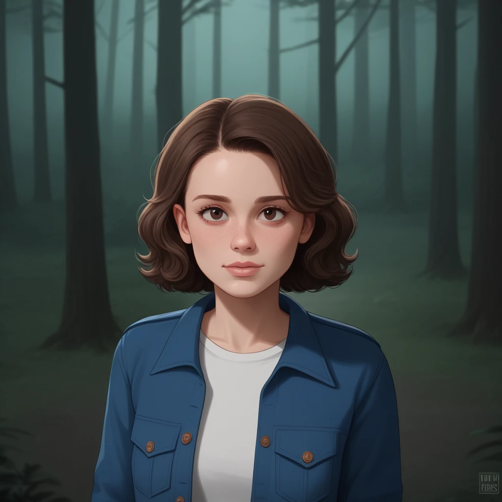 milli3 woman, millie bobby brown, eleven, stranger things, 1 girl in a dark forest front view