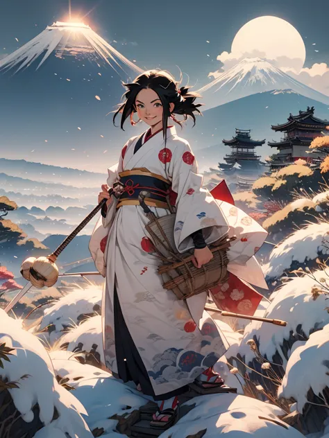 Battle angel alita dressed like in the manga, smiling, sun at sunrise on mount fuji behind her, drawn in katsushika hokusai styl...