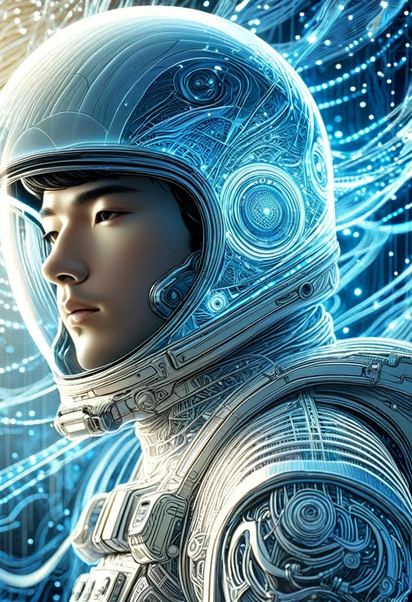  Perfect anatomy of a man wearing an astronaut suit、Close-up of pretty girl wearing transparent helmet astronaut beige hair delicate and beautiful intricate sci-fi digital art illustration edge blue light light and shadow effect movie scene masterpiece, The best quality meticulously carved extremely delicate art work ultra-precision art,Stunning digital art