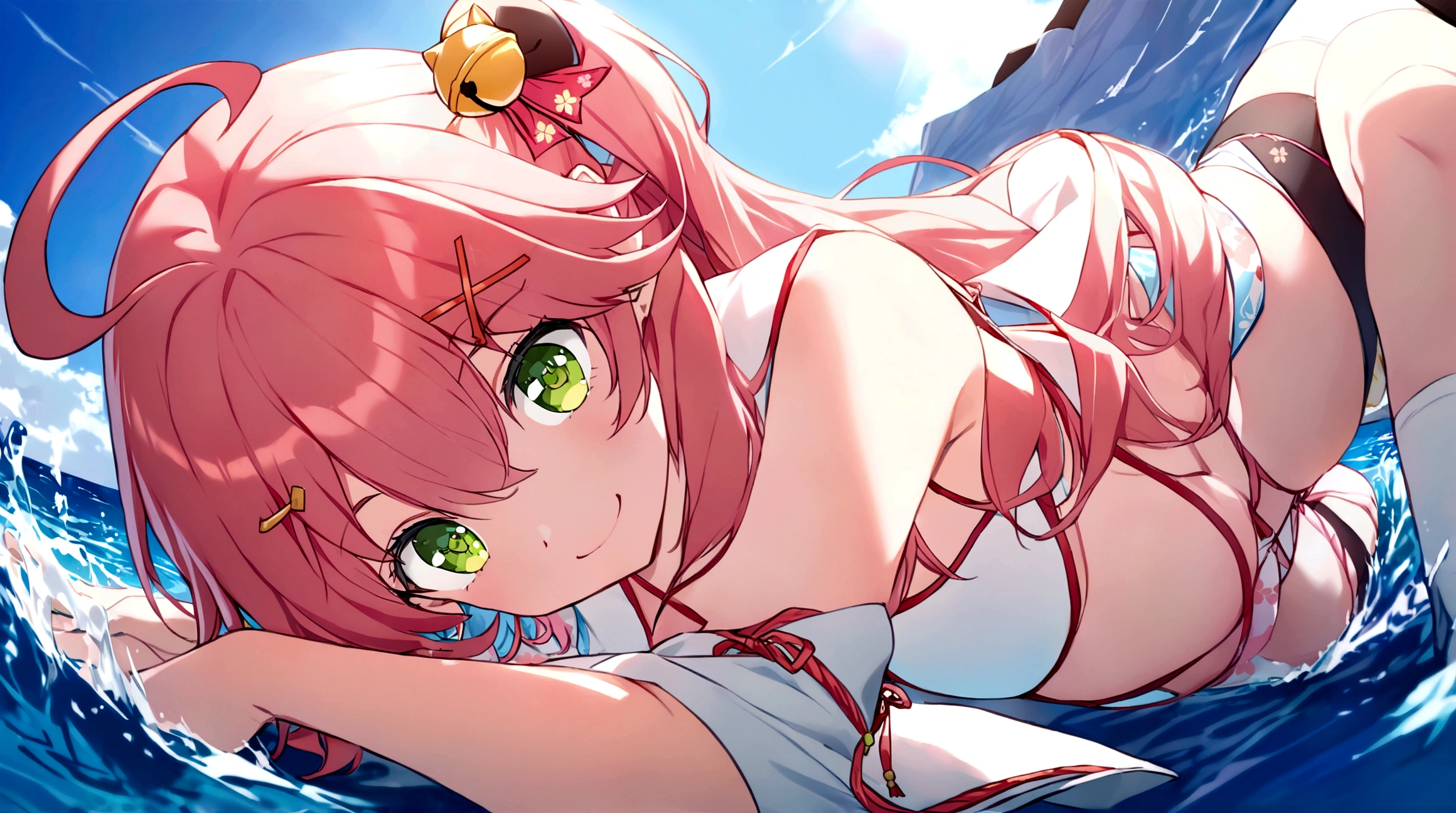 ((masterpiece,Highest quality)),One girl, Day, Swimwear, View your viewers, Recall, Ocean, Miko 1, sakura miko, Green Eyes, alone, Ahoge, X Hair Ornament, Pink Hair, Single knee socks, Side bust, Hair Clip, Hair Bell, Floral print, Long Hair, Hair between the eyes, One side up, White knee socks, Asymmetrical legwear, Wide sleeves, smile, sunny, Lie down, Wink