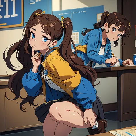 Brown hair twin tails、hairpin、Blue jacket and pleated skirt、whole body