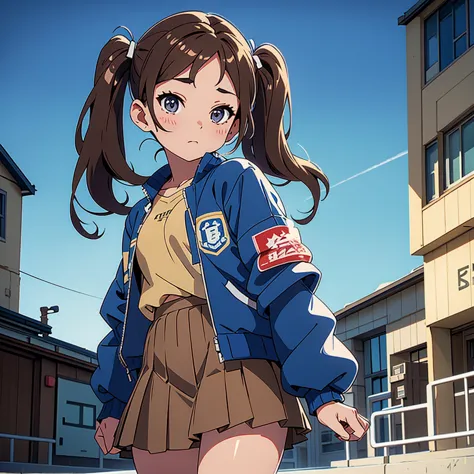 Brown hair twin tails、hairpin、Blue jacket and pleated skirt、whole body