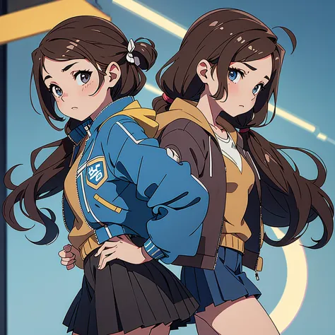 Brown hair twin tails、hairpin、Blue jacket and pleated skirt、whole body