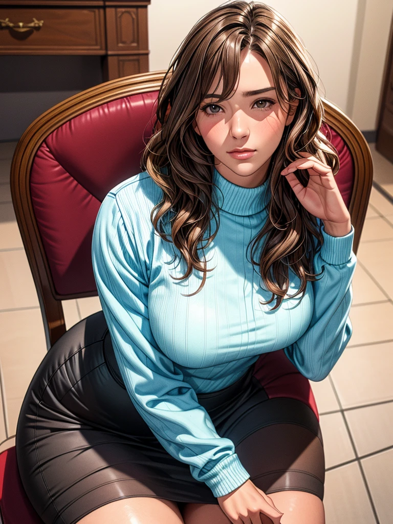 Beautiful girl sitting alone on a chair, He has his chin resting on his hand, looking bored., Perfectly detailed eyes and face, Wavy brown hair, 8K ultra-high resolution, Realistic, RAW Photos, Realistic skin texture, Film Grain, Self-portrait angle, masterpiece, Highest quality