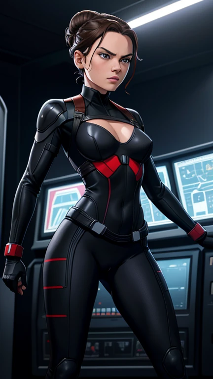 Daisy Ridley, 1 teen girl, tight black widow suit, bright red stripe accent on the side of the suit, full body suit, light cleavage, widow bite gloves, looking at the viewer, Cinema lighting, perfect, soft light, High resolution skin:1.2, Realistic skin texture, 14 years、a small face、No makeup、, Off the shoulders, Bust A cup, hazel eyes, bun, brunette hair、gray background, small young body, teen body, round ass, cameltoe, small hips, slender thighs, control room.