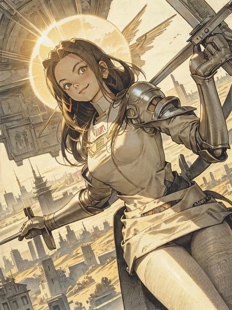 Battle angel alita, smiling, sun at sunrise behind her, drawn in Albrecht Dürer style