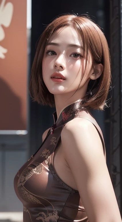 Photorealistic, masutepiece, Best Quality, Raw photo, 1girl in, Solo, Handsome shorthair, copper colored hair、Detailed face, alluring face, china dress, medium breasts, Dynamic Pose, Looking at Viewer, From below, Detailed background, fine detailed, intricate detailes,  Ray tracing, depth of fields, lowkey, nffsw