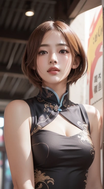 Photorealistic, masutepiece, Best Quality, Raw photo, 1girl in, Solo, Handsome shorthair, copper colored hair、Detailed face, alluring face, china dress, medium breasts, Dynamic Pose, Looking at Viewer, From below, Detailed background, fine detailed, intricate detailes,  Ray tracing, depth of fields, lowkey, nffsw