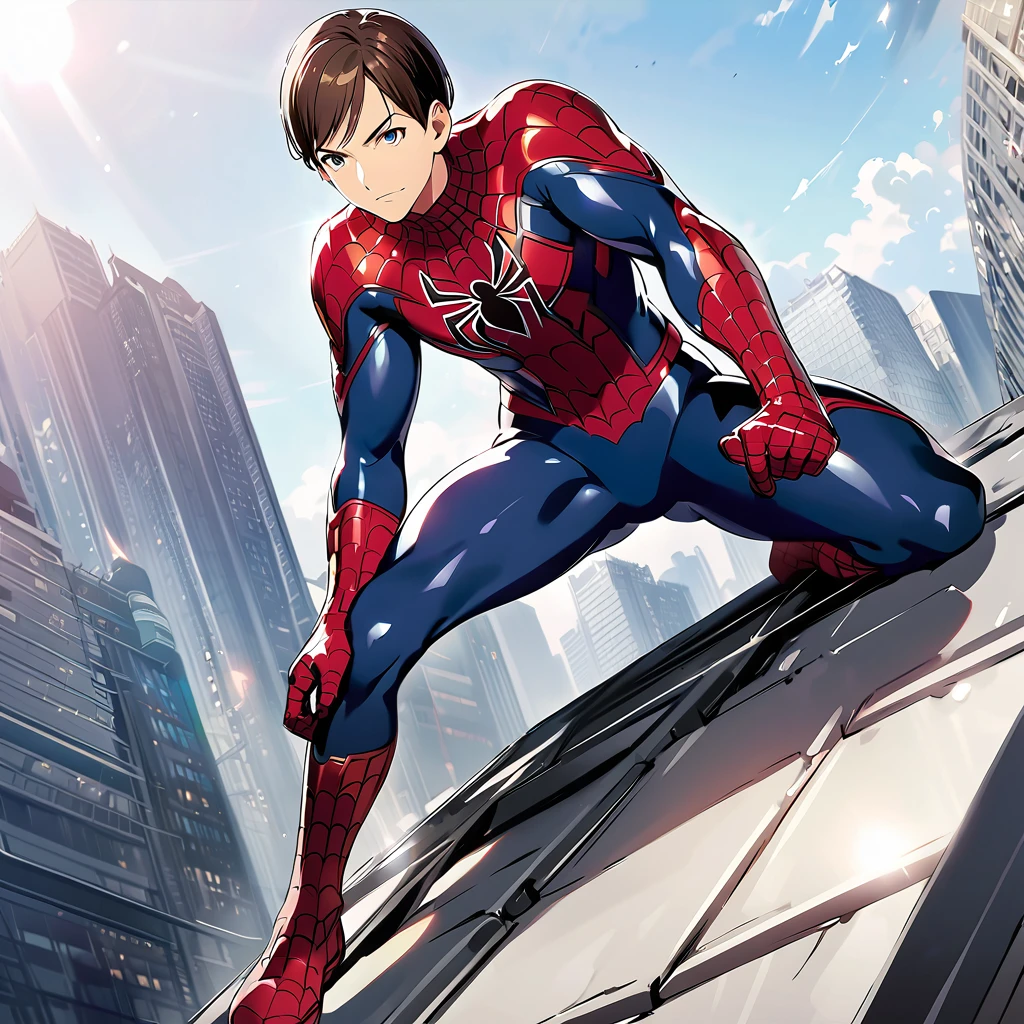 Spider-Man (Tobey Maguire), metal uniform, ((gray and black colors)), shiny uniform, without mask, on top of a building, heroic pose, anime art, 8K