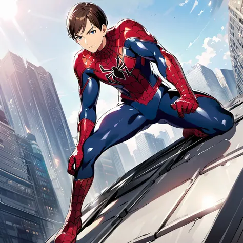 spider-man (tobey maguire), metal uniform, ((gray and black colors)), shiny uniform, without mask, on top of a building, heroic ...