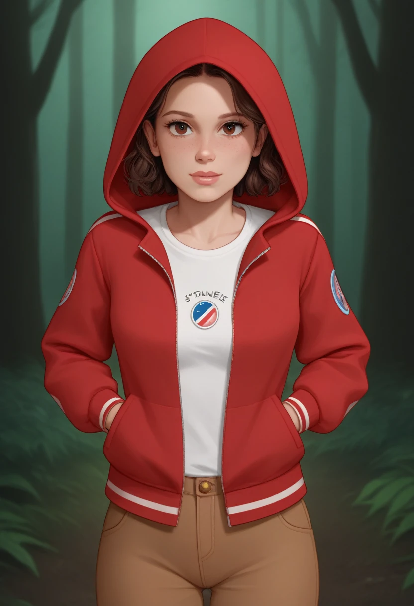밀리3 여성, 밀리 바비 브라운, 열하나, 낯선 것들, 어두운 숲 앞에서 빨간색 재킷과 후드를 입은 소녀 1명,