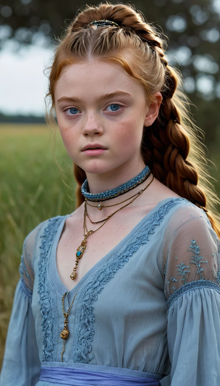 NSFW, sadie sink, in la bete movie, by Walerian Borowczyk, erotic, 1girl, blue_eyes, blurry, blurry_background, braid, choker, depth_of_field, dress, exposed breasts,earrings, eyelashes, freckles, hair_over_shoulder, jewelry, lips, long_hair, long_sleeves, looking_at_viewer, necklace, pendant, puffy_long_sleeves, puffy_sleeves, realistic, single_braid, solo, twin_braids, upper_body