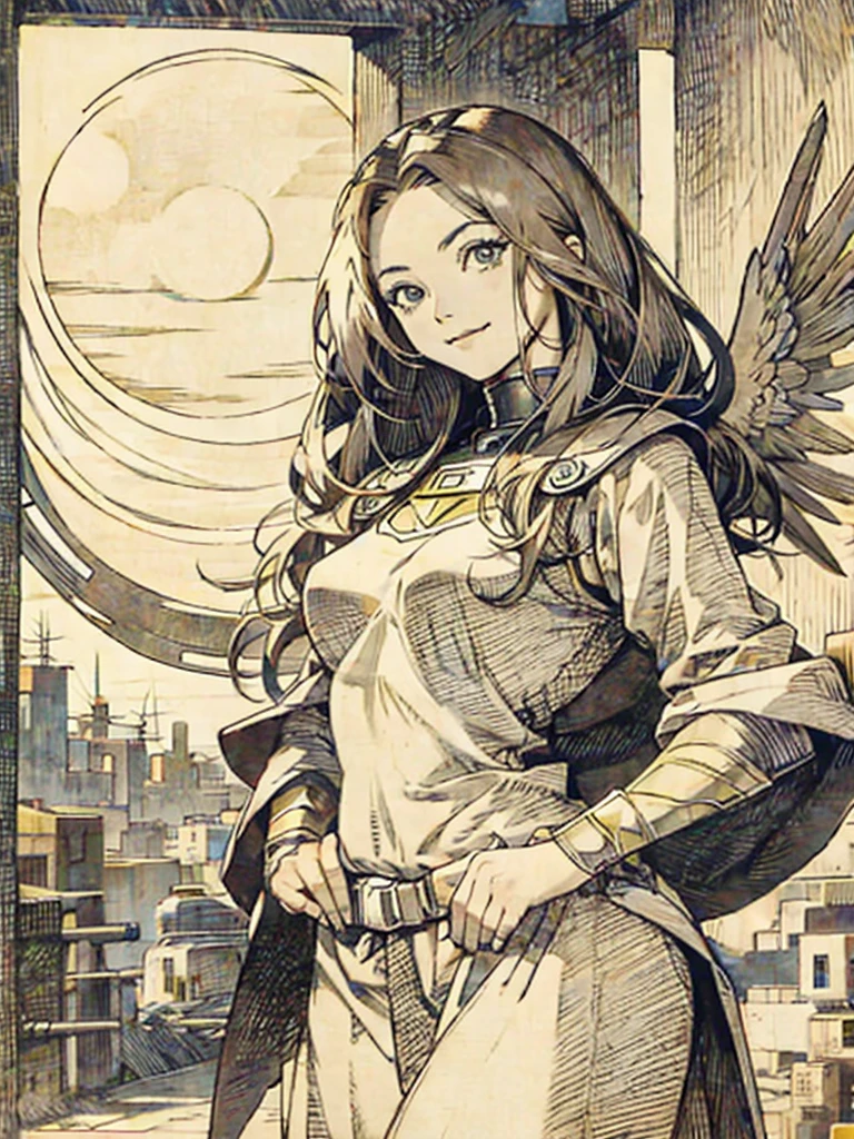 Battle angel alita, smiling, beautiful, sun at sunrise behind her, drawn in Albrecht Dürer style