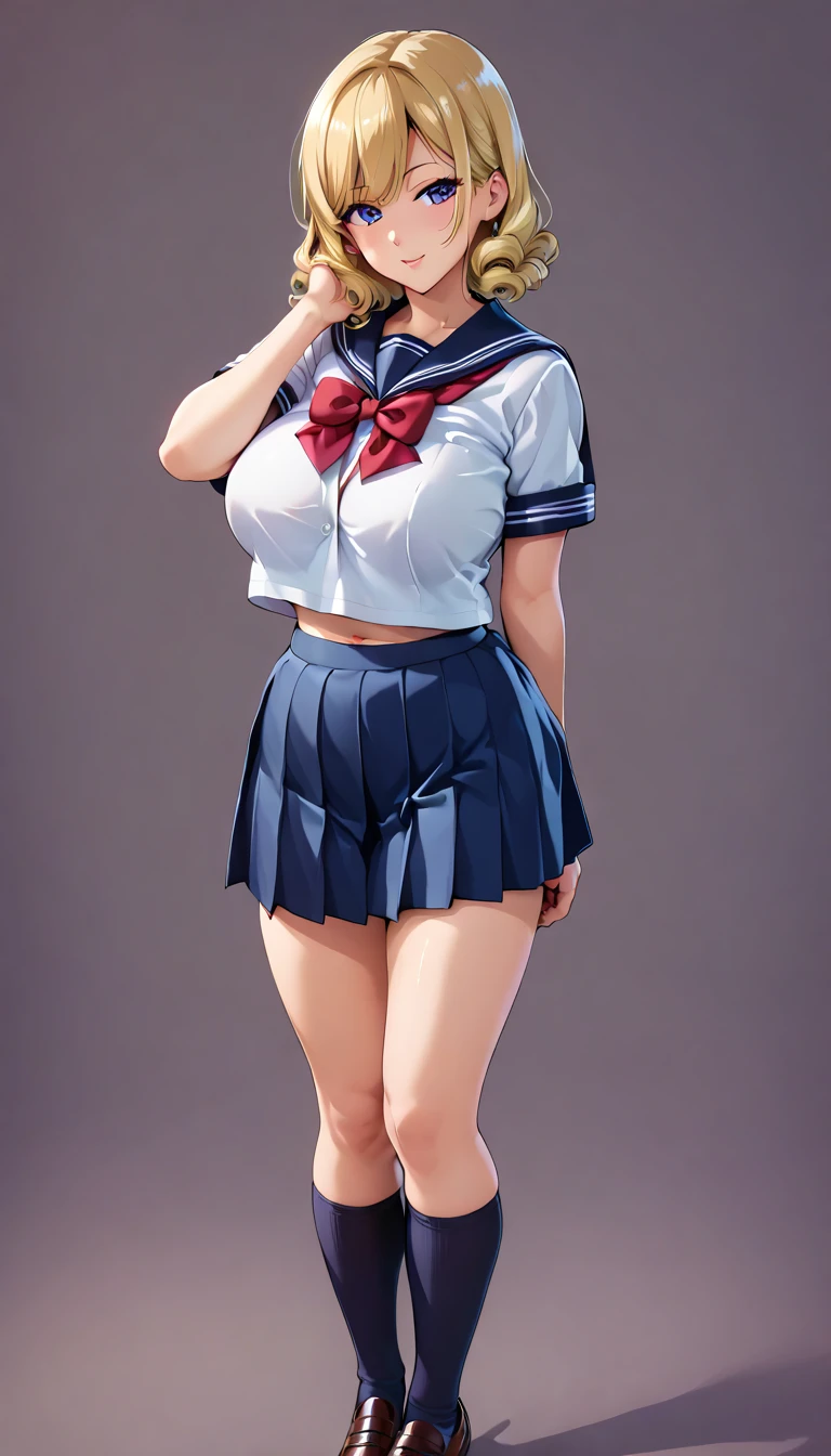 (masterpiece, best quality, ultra-detailed, high resolution, detailed eyes), takeda hiromitsu style, (1woman) (30 years old), {school uniform, serafuku}, curvy body, large breasts, curly blonde hair, big eyes, looking at viewer, standing