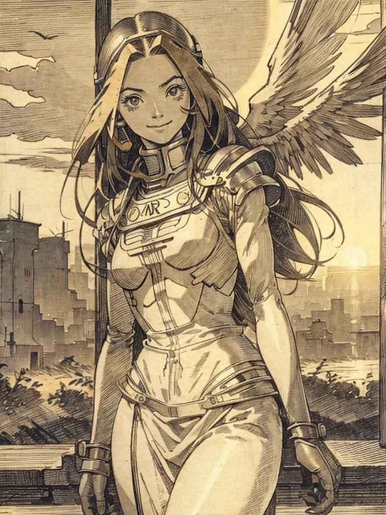 Battle angel alita, smiling, beautiful, sun at sunset behind her, drawn in Albrecht Dürer style