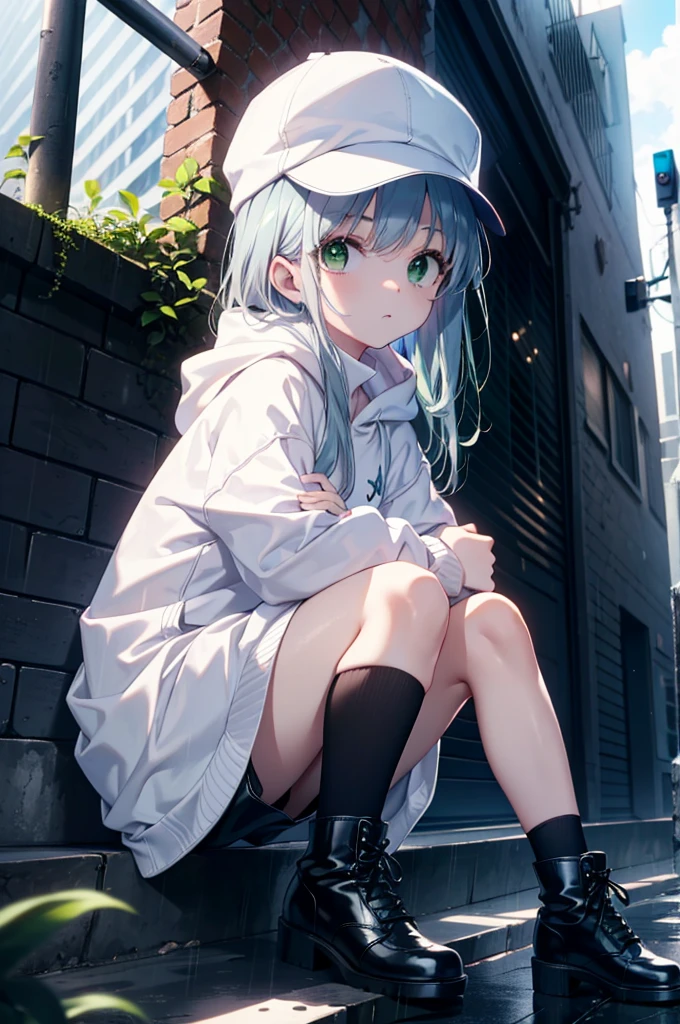 index, index, (Green Eyes:1.5), Silver Hair, Long Hair, (Flat Chest:1.2),Baseball hats,Oversized white hoodie,Shorts,black tights,short boots,Sitting on the steps of a building leaning against a wall,Hiding in a roofed building,rain,cloudy,whole bodyがイラストに入るように,
break looking at viewer, whole body,
break outdoors, In town,
break (masterpiece:1.2), Highest quality, High resolution, unity 8k wallpaper, (figure:0.8), (Beautiful attention to detail:1.6), Highly detailed face, Perfect lighting, Highly detailed CG, (Perfect hands, Perfect Anatomy),