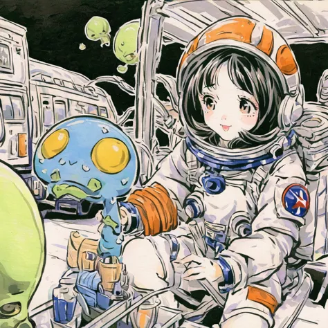 Astronauts meet aliens、Bad and cute art、vintage comic book