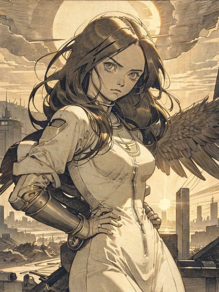 Battle angel alita, sad, beautiful, sun at sunset behind her, drawn in Albrecht Dürer style