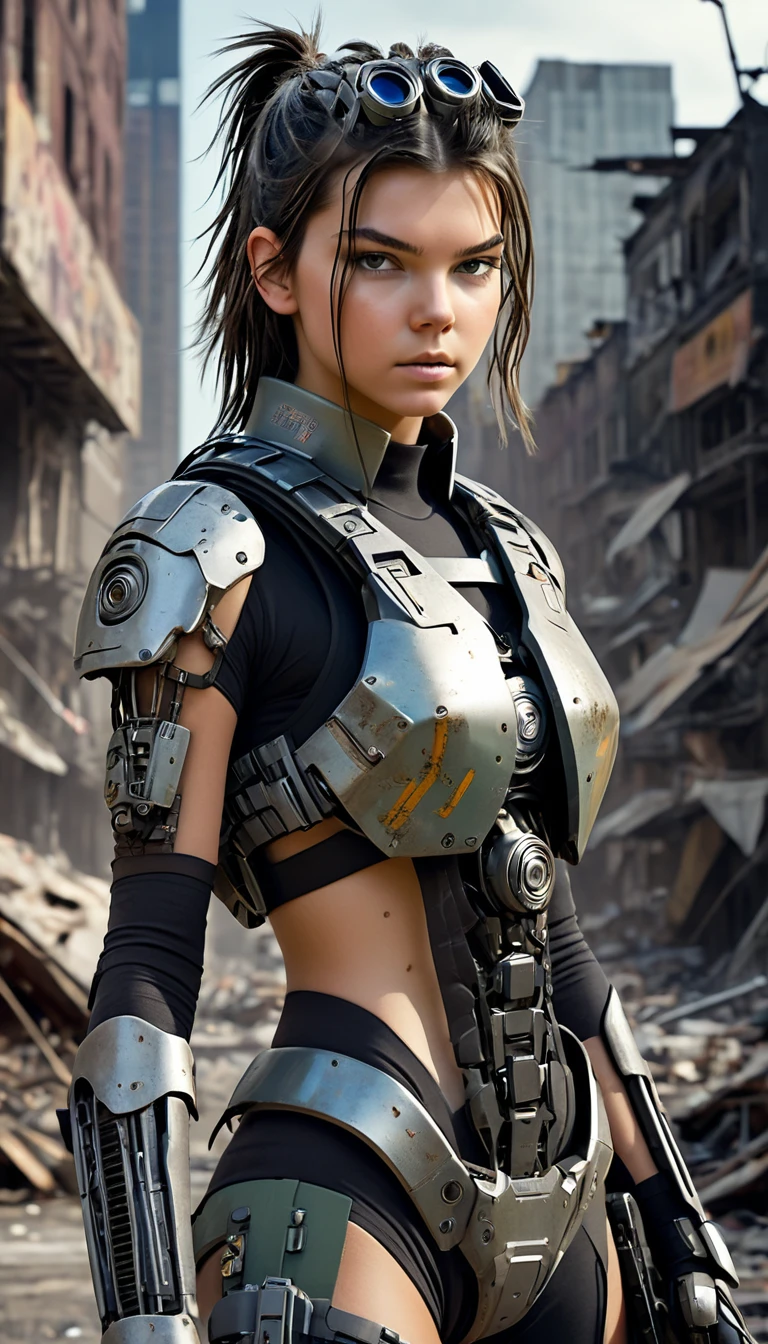  NSFW, niña de 12 años (obra maestra, mejor calidad, photorealestic:1.4), , (HD, fondo de pantalla 8k, Alta resolución),La actriz de Hollywood Kendall Jenner como una chica cyborg con uniforme militar cyborg y un M16 en sus manos., carrocería polvorienta,Pelo sucio y desgreñado, cara polvorienta, Con el telón de fondo de una ciudad de Nueva York en ruinas, vestido con restos andrajosos de uniformes militares cyborg , atmósfera opresiva, despues del Apocalipsis, SDXL con canon eos R3