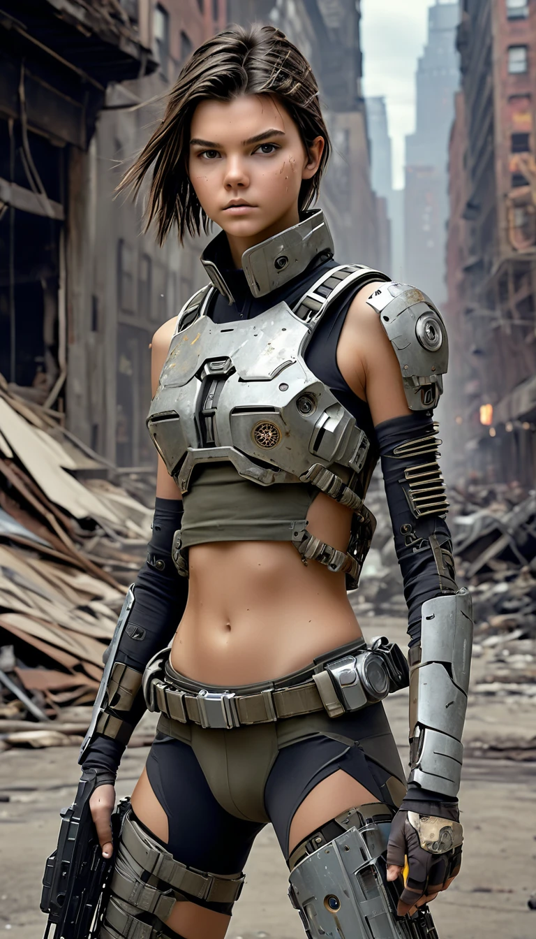  NSFW, fille de 12 ans (chef-d&#39;œuvre, Meilleure qualité, photoréaliste:1.4), , (UHD, Fond d&#39;écran 8k, haute résolution),L&#39;actrice hollywoodienne Kendall Jenner en fille cyborg dans un uniforme militaire cyborg avec un M16 dans les mains, carrosserie poussiéreuse,Cheveux hirsutes sales, visage poussiéreux, Sur fond de New York en ruine, vêtu de lambeaux d&#39;uniformes militaires cyborgs , Ambiance opRésive, Postapocalypse, SDXL avec canon eos R3