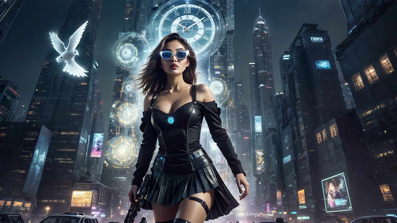 At night, dark sky, (((aerial view of futuristic sci-fi cyberpunk city, skyscrapers, (((((flying vehicle))))), (vortex-spirit-spreading giant ghost hologram (((clock tower))) as time machine), high quality))). Matrix style, (1girl, solo), photo realistic, (((large-breast:1.2 slim body, cleavage:1.3, tube top, very short pleated (((miniskirt))) exposing panty))), (((((matrix style black ((((((sunglasses)))))), aiming at camera with a (laser weapon):0.3))))), (((dynamic pose, half-body (thigh level) medium shot))), cinematic lighting, blur:0.7 background.