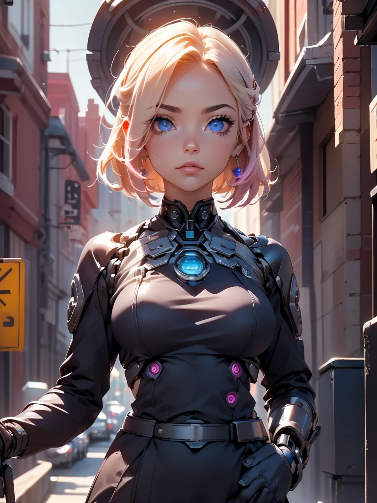 One-sided Cut Layered Bob, (Blonde to Pink Hair: 1.3), ((Transparent Eyes (Purple)), ((Beautiful, Detailed Eyes, Jewel-like Eyes, Shining Eyes: 1.3)) , The female body incorporates mechanical components such as gears, wires and circuits that merge with the female's natural form to create a visually captivating and futuristic aesthetic. The mechanical elements emphasize precision and functionality, with interconnected gears and cogs that work harmoniously with the female physique. Female faces may have cybernetic enhancements such as glowing eyes, neural implants, and metallic facial features that symbolize the fusion of man and machine. This artwork embodies both the strength of a woman and the grace of the human spirit. Lighting and shadows play an important role, enhancing the contrast between organic and mechanical elements and adding depth to the composition. It emphasizes the mechanical nature of the artwork. Background details may include futuristic cityscapes, industrial landscapes, or abstract patterns to further enhance the futuristic feel. Overall, the artwork captures the essence of a woman embracing machine integration, celebrating the possibilities and complexities of a future where humans and technology coexist.