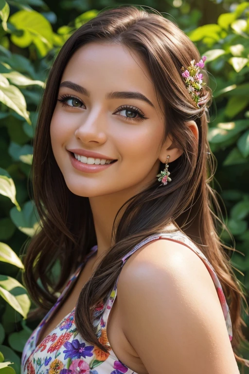 a happy girl with a warm smile, beautiful detailed eyes, beautiful detailed lips, extremely detailed face, longeyelashes, wearing a colorful dress, standing in a lush garden with flowers, sunlight filtering through the trees, (best quality,4k,8k,highres,masterpiece:1.2),ultra-detailed,(realistic,photorealistic,photo-realistic:1.37),portrait,vivid colors,natural lighting