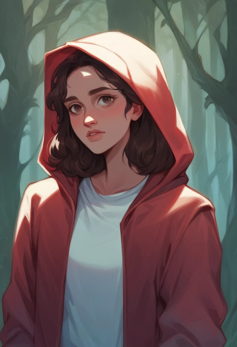 mulher mili3, Millie Bobby Brown, Onze, Coisas estranhas, 1 garota vestindo jaqueta vermelha e capuz em uma vista frontal da floresta escura,
