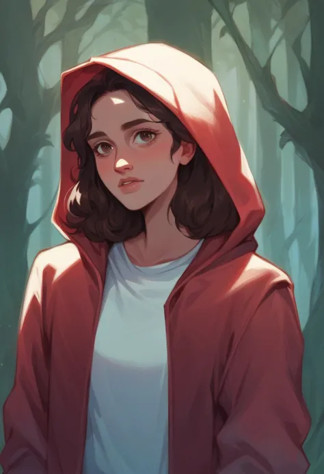 milli3 woman, millie bobby brown, eleven, stranger things, 1 girl wearing red jacket and hood in a dark forest front view,