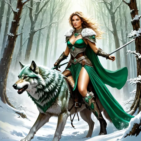 arafed woman in emerald dress riding a wolf in a snowy forest, airbrush julie bell, trends in the cg community, fantasy art, fem...