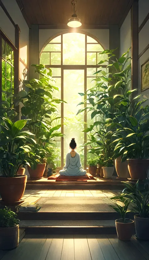 猫に囲まれてmeditationする西洋人. The setting is the interior of a beautiful room filled with potted plants.. Cinema Lighting. meditationして...