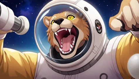 Arafed a picture of a anthomorph lion astronaut he stands on the moon (roaring: 1.3), open maw, mouth opened sense awe, sense of...