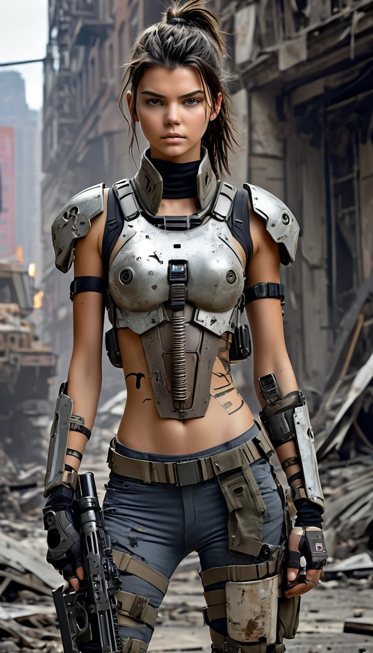  NSFW, 12-year-old girl, ((exposed breasts))(Masterpiece, Best Quality, photorealestic:1.4), , (UHD, 8k wallpaper, High Resolution),Hollywood  actress Kendall Jenner as a cyborg girl in a cyborg military uniform with an M16 in her hands, dusty bodywork,Dirty shaggy hair, dusty face, Against the backdrop of a ruined New York City, dressed in tattered scraps of cyborg military uniforms , Oppressive atmosphere, postapocalypse, SDXL with canon eos R3