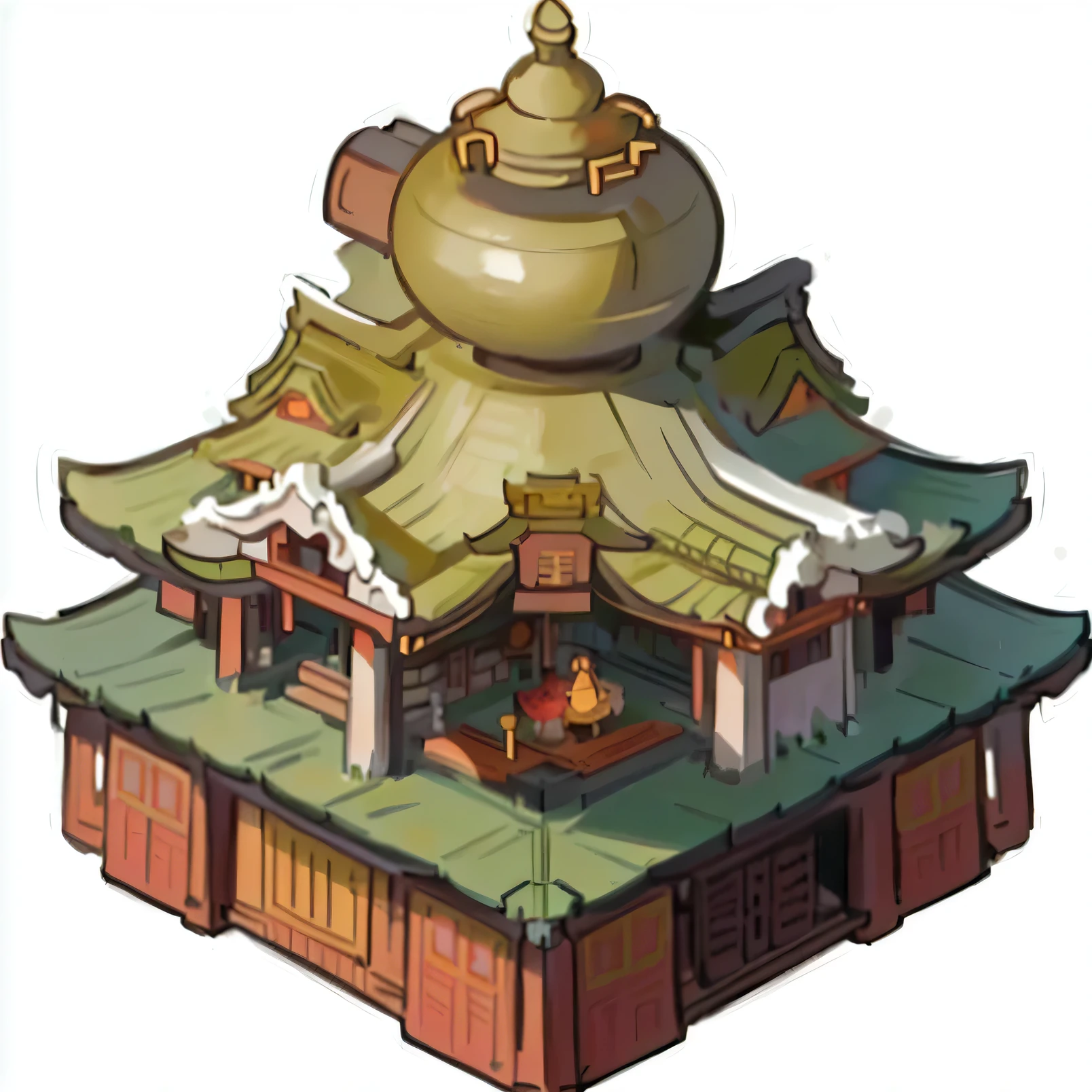 A cartoon image of a cauldron on top of a building, Overwatch Building, temple background, a temple, temple, digital painting of a pagoda, Cora Legend setting, pagoda, Ultra-detailed scenes, Inspired by Zhou Wentianchong, Japanese feudal background, japanese temple, Mythology Temple, monolithic temple, circular roof, The art of over-detail