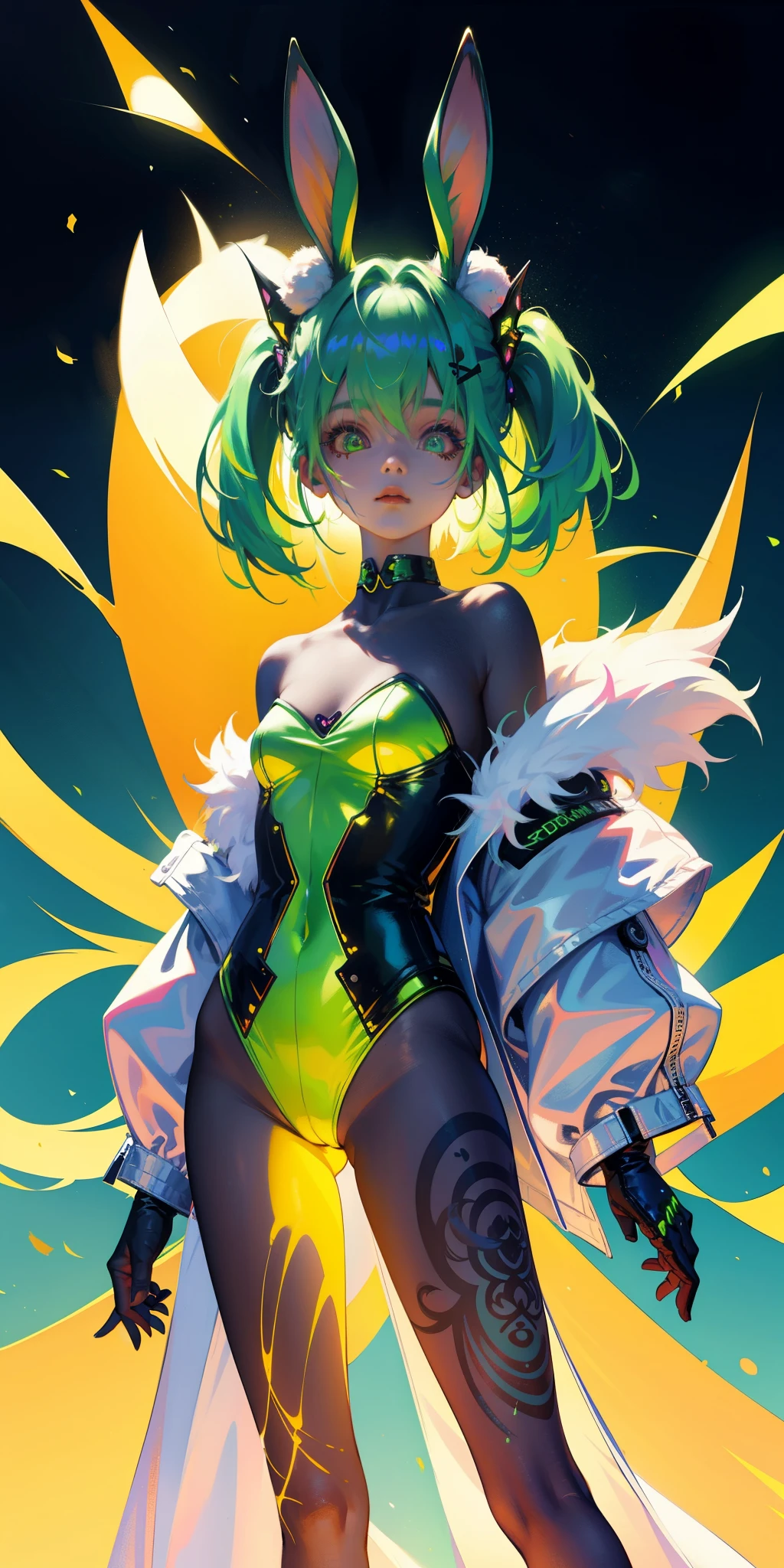 Rabbit technique , Science Fiction, Fluffy , 
1 girl, Tattoo, Glowing tattoo, Glowing eyes, Colorful glowing hair , Full body love, Green Hair,
  Kawaiitech, Soft colors, Kawaii, Lovely colors,