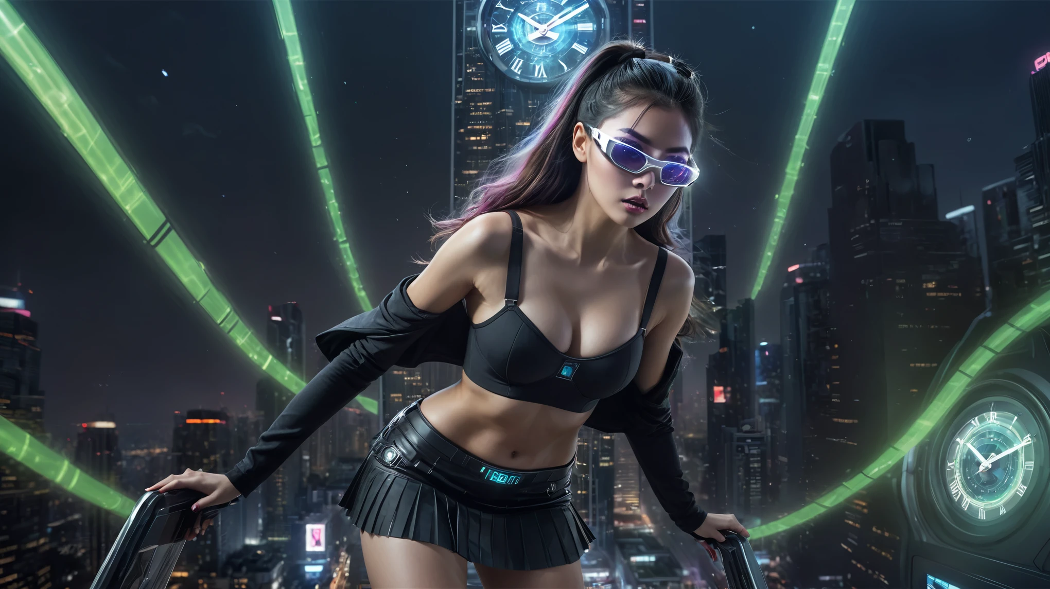 At night, dark sky, (((aerial view of futuristic sci-fi cyberpunk city, skyscrapers, (((((flying vehicle))))), (vortex-spirit-spreading giant ghost hologram (((clock tower))) as time machine), high quality))). Matrix style, (1girl, solo), photo realistic, (((large-breast:1.2 slim body, cleavage:1.3, tube top, very short pleated (((miniskirt))) exposing panty))), (((((matrix style black ((((((sunglasses)))))), aiming at camera with a (laser weapon):0.3))))), (((dynamic pose, half-body (thigh level) medium shot))), cinematic lighting, blur:0.7 background.