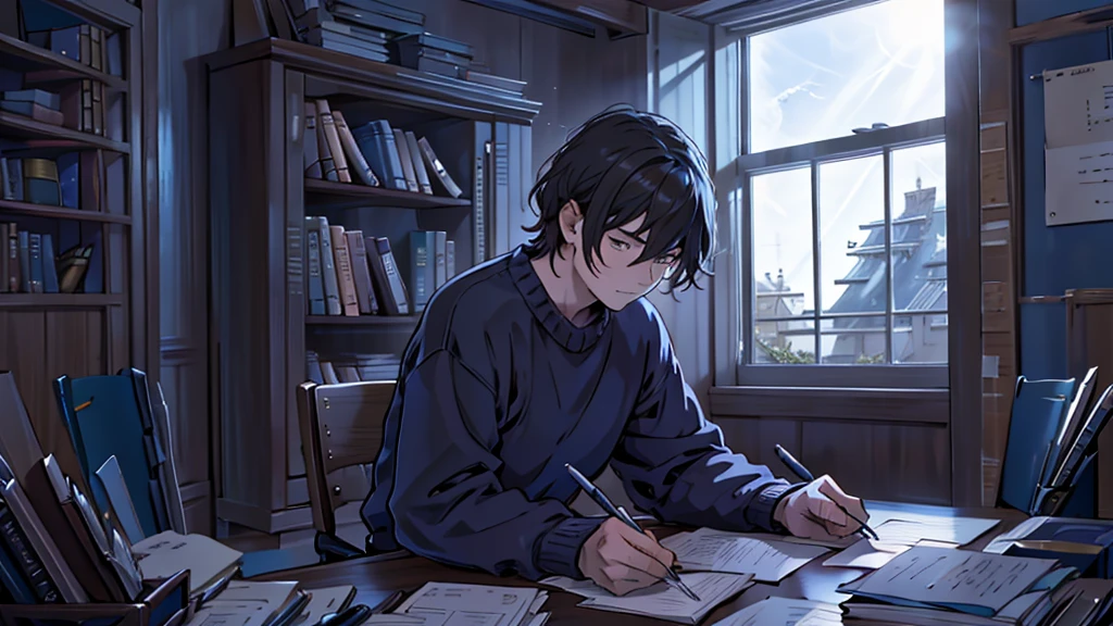 Scene 8:

Visual Description: The Young man sitting at a desk, writing a letter with a serious expression.
Character Appearance: The same man, now sitting at a wooden desk, wearing a cozy sweater, concentrating on writing.
Background: A quiet room with bookshelves and a window showing a serene garden outside, sunlight streaming in.