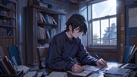 Scene 8:

Visual Description: The Young man sitting at a desk, writing a letter with a serious expression.
Character Appearance:...