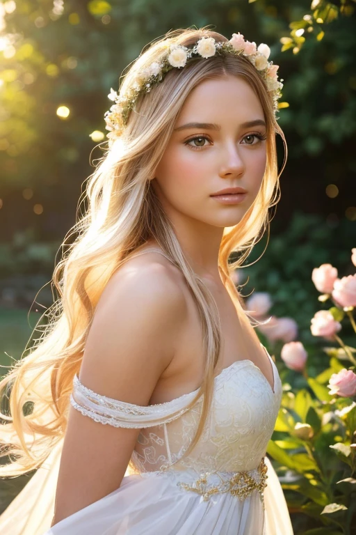 a beautiful woman, goddess of love, serene expression, flowing white dress, long flowing hair, floral crown, golden wings, petals floating around, ethereal glowing aura, highly detailed, intricate textures, lush garden background, warm soft lighting, photorealistic, (best quality, 8k, highres, masterpiece:1.2), (realistic, photorealistic:1.37), cinematic composition, ornate, elegant, romantic, dreamlike, pastel colors, warm tones