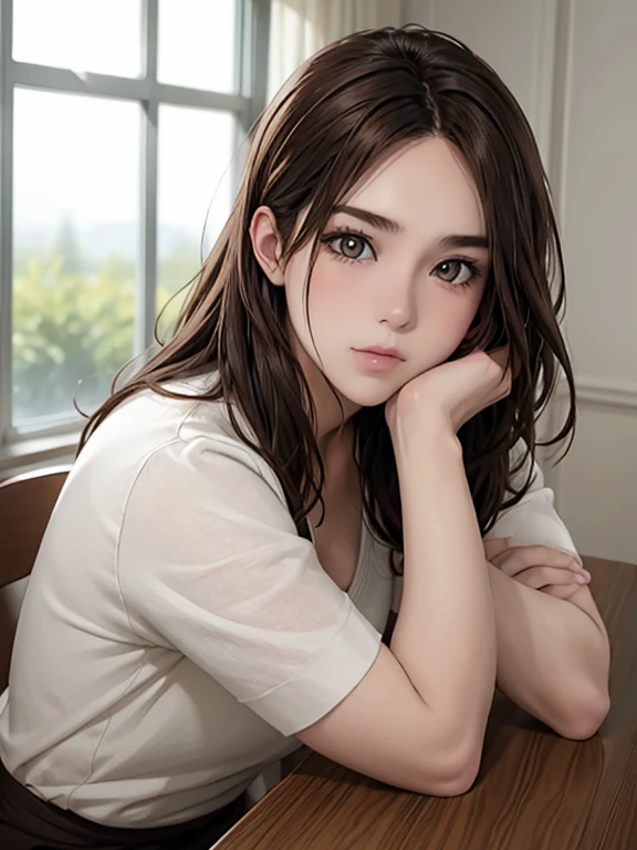 Beautiful girl sitting alone on a chair, He has his chin resting on his hand, looking bored., Perfectly detailed eyes and face, Wavy brown hair, 8K ultra-high resolution, Realistic, RAW Photos, Realistic skin texture, Film Grain, Self-portrait angle, masterpiece, Highest quality