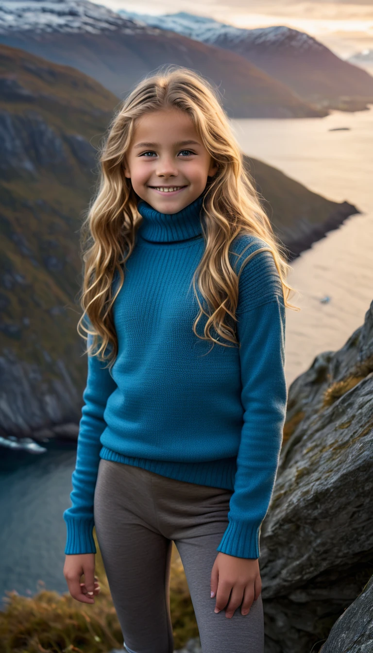 閲覧注意,  12歳の少女, ゴージャスなヨーロッパのブロンドの女の子 ,年齢 11, ウェーブのかかった髪, 微笑み, カメラでイチャイチャ, 彼女は崖の端に直立している, ノルウェーのフィヨルドの素晴らしい景色が眼下に広がる, (彼女はタートルネックのセーターを着ています, ダークな太ももパンツ, スニーカー:1.2), 夕焼けの光の中で,パーフェクトアイズ, 完璧な手, 完璧なボディ, 完璧な髪, 完璧な胸, 超高解像度, 網膜, 傑作, 正確な, 解剖学的に正しい, キメのある肌, スーパーディテール, 細部までこだわった, 高品質, 受賞歴, 最高品質, 高解像度, 16k, 8K,