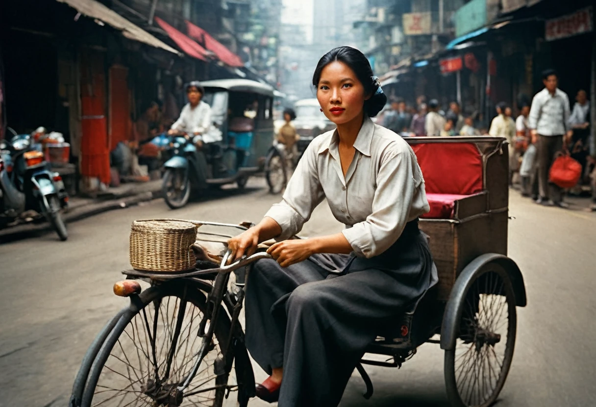 A captivating vintage photograph that captures the essence of 1960s Hong Kong. A rickshaw puller with short, greyish hair wearing a long-sleeved shirt and dark-colored pants is mid-stride, pulling a rickshaw with large spoked wheels and red cushioned seats. The rickshaw is occupied by a young, beautiful woman wearing a white blouse and skirt, who sits cross-legged and holds a purse. The bustling street behind them is lined with signs such as "FASHION TAILORS" and "JAMES B. TAN." The natural daylight casts shadows on the street, emphasizing the rickshaw and its puller in the foreground while immersing the viewer in the lively, vibrant atmosphere of the city., photo