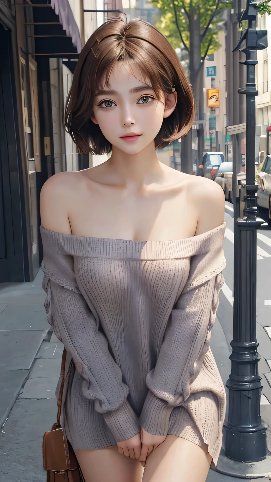 Non-NSFW、Realistic、Highest quality、Highest quality、masterpiece、Ultra-high resolution、RAW Photos、Realistic、Bright lighting、Face Light、Smooth Professional Lighting、Looking into the camera、alone、Adult female、Beautiful woman、Super Beauty、Realistic肌、Moisturized Skin、Realistic eyes and faces、Perfect model body shape、Beautiful Eyes、Big eyes、Inconspicuous tear bags、slim、No bra、Beautiful fingers、Very short hair、Brown Hair、Iris、Looks happy、(Both ears are hidden by hair), (Long thigh-length knit shirt:1.3),(Off-shoulder:1.1),In the city, Small Ass, (Large Breasts:1.1),(Venus&#39; Nipples:1.2), A konigsreuter、Sexy Random Poses,(standing:1.1),(from behind:1.6)