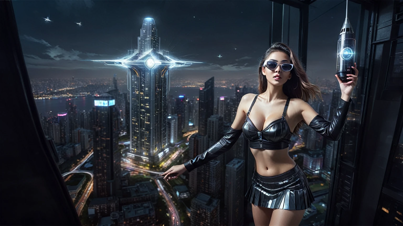 At night, dark sky, (((aerial view of futuristic sci-fi cyberpunk city, skyscrapers, (((((flying vehicle))))), (vortex-spirit-spreading giant ghost hologram (((clock tower))) as time machine), high quality))). Matrix style, (1girl, solo), photo realistic, (((large-breast:1.2 slim body, cleavage:1.3, tube top, very short pleated (((miniskirt))) exposing panty))), (((((matrix style black ((((((sunglasses)))))), aiming at camera with a (laser weapon):0.3))))), (((dynamic pose, half-body (thigh level) medium shot))), cinematic lighting, blur:0.7 background.