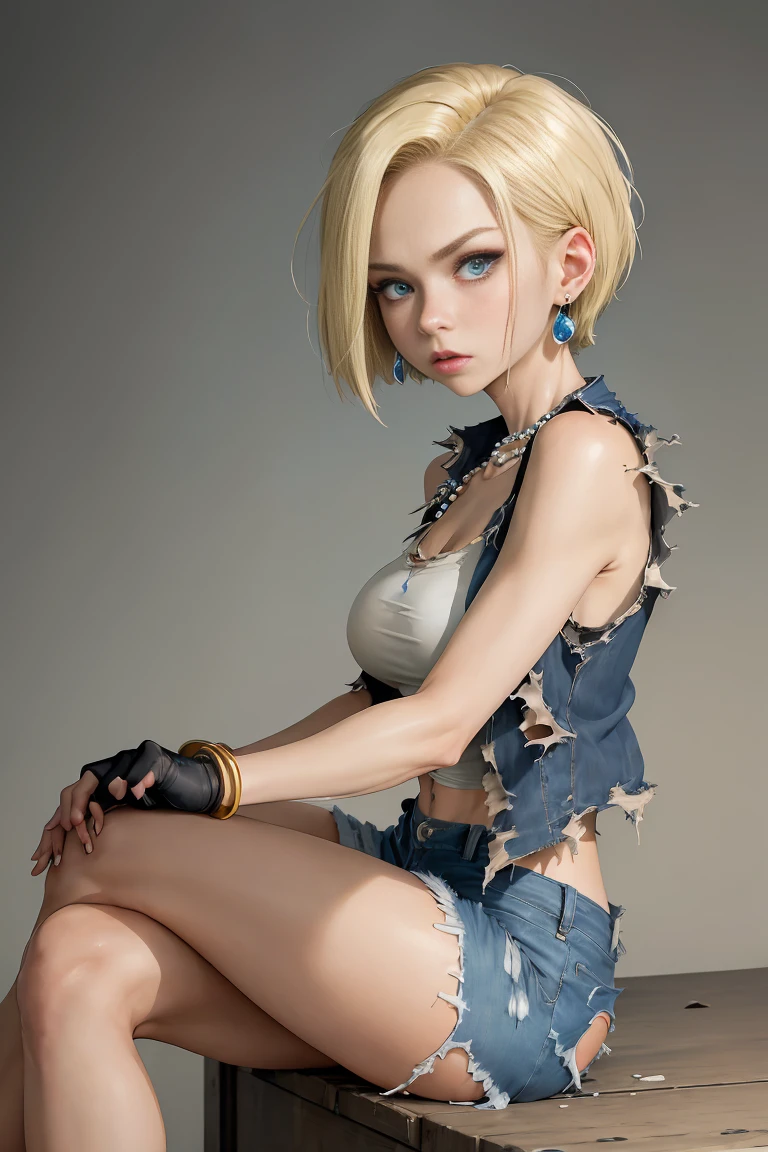 Highest quality、High resolution、And 18、1 Girl、Android 18、alone、Blonde、blue eyes、internal、gender、Pearl Necklace、bracelet、Black gloves、White shirt、short hair、Short sleeve、Earrings、Blue pants、Open Vest、Black vest、Big Breasts、(wasteland:1.3)、(Torn clothes:1.5)、Sitting、Expressionless、Hu Sitting、((Cute Panties))((Striking a fighting pose))((Perfect Fingers))