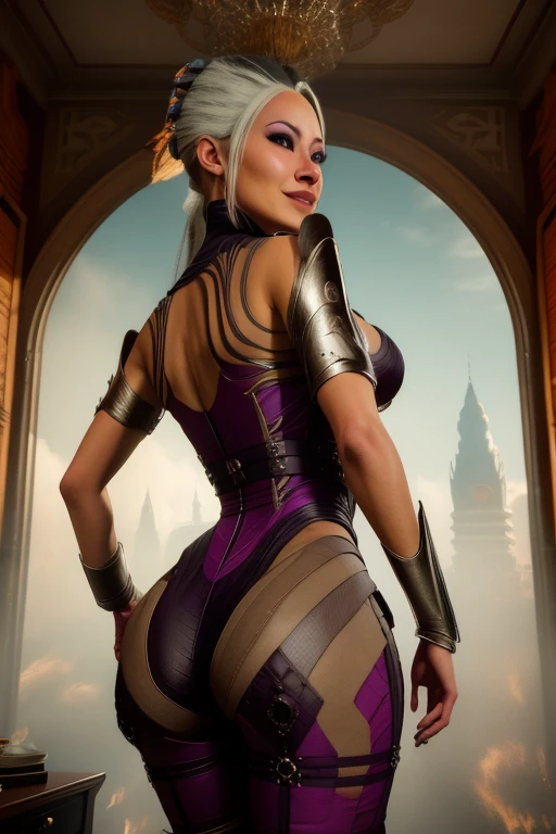 sindel, de Mortal Kombat 2023, se trouve dans une salle moderne avec un décor minimaliste, à côté d&#39;un tableau abstrait contemporain. Ses cheveux argentés sont étroitement attachés en queue de cheval, contrastant fortement avec sa tenue moulante. Le photographe, Elle a un gros cul,poitrine d&#39;insecte et belle peau,une représentation 3D influencée par les dernières tendances de la société CG, présente des formes géométriques audacieuses et des couleurs vives. L&#39;ambiance est élégante, avec une touche de mystère dans l&#39;air. sindel's accentuated curvy ass steals the spotlight, attirant le regard du spectateur par son allure subtile. 3\4 vues réalistes capturent votre élégance et votre sophistication, ajouter une touche de glamour à la scène, (visage incroyablement détaillé, art magnifique et détaillé, Meilleure qualité),regarde derrière,Souriez gentiment