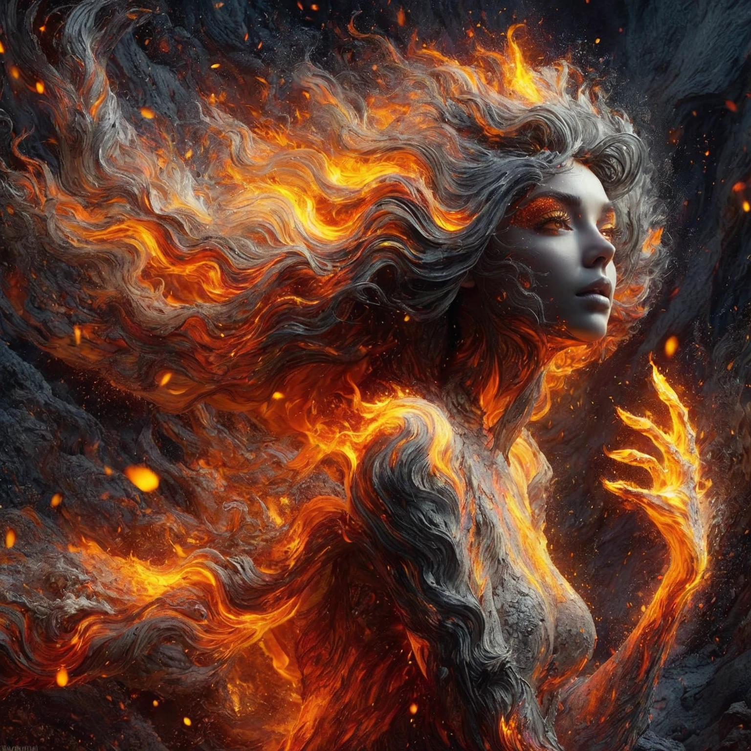 she is a gorgeous woman-like being created out of fire and ashes ((she is coming out of molten lava), fire embers dance around the character, by Vladimir Matyukhin, RAW, intricate, vibrant colors,(((facing viewer)))